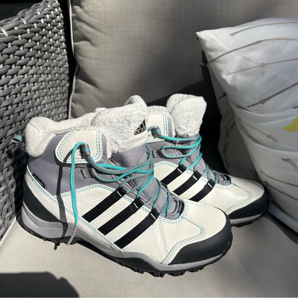 Adidas White and Black Winter Boots with Teal Laces